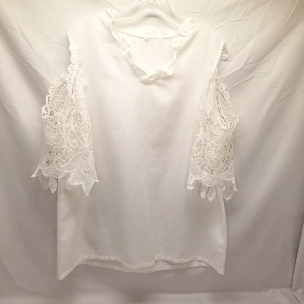 Shein Womans Size L Blouse Bright White Cold Shoulder Lace Sleeve Ruffled V-Neck